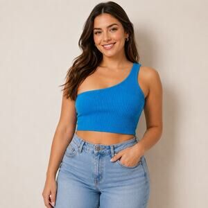 House of Harlow 1960 Sculpt Knit One-Shoulder Cropped Ribbed Tank Blue Small